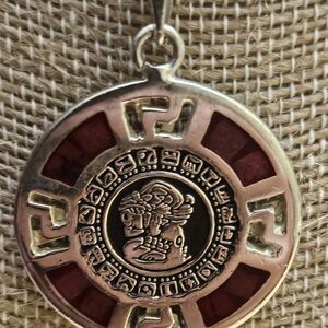 Mexican Sterling Silver Chain Red Inlay Aztec Calendar Pendant Taxco Style J22